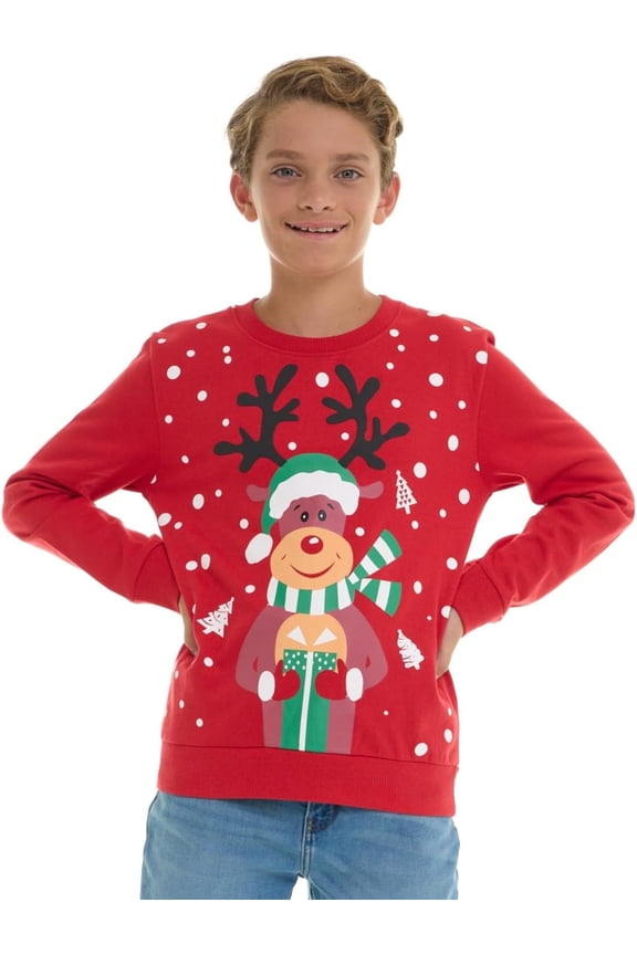 Boys’ Christmas Sweatshirt – Clasic Cozy Xmas Fleece Pullover with Festive Holiday Graphics – Red Reindeer -Size 8