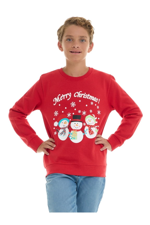 Boys’ Christmas Sweatshirt – Clasic Cozy Xmas Fleece Pullover with Festive Holiday Graphics – Red Snowmen -Size 10/12