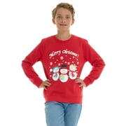 SEZZIT Boys’ Christmas Sweatshirt – Clasic Cozy Xmas Fleece Pullover with Festive Holiday Graphics – Red Snowmen -Size 14/16