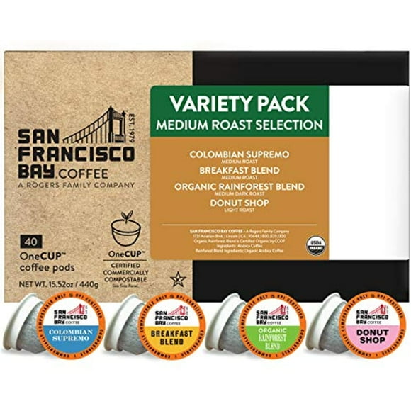 Sf Bay Coffee Onecup Medium Roast Variety Pack 40 Ct Compostable Coffee Pods, K Cup Compatible Including Keurig 2.0