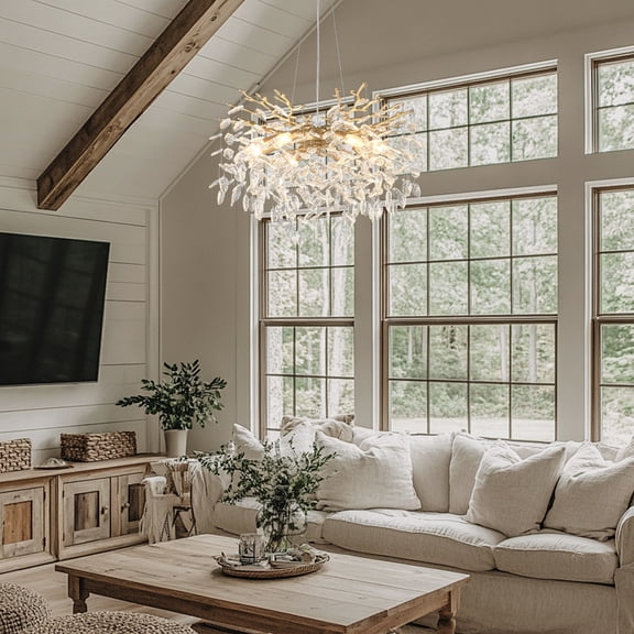 Sfirey 10-Light Crystal Chandelier with Maple Leaf Design, Gold Modern Farmhouse Ceiling Light Fixture for Dining Room, Kitchen Island and Living Room