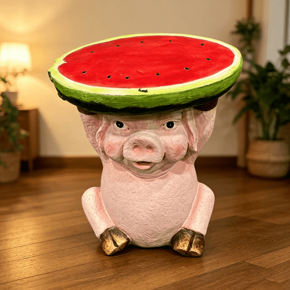 Sfirey 13.4" Pig Side Table, Resin Animal End Table & Plant Stand with Watermelon Top