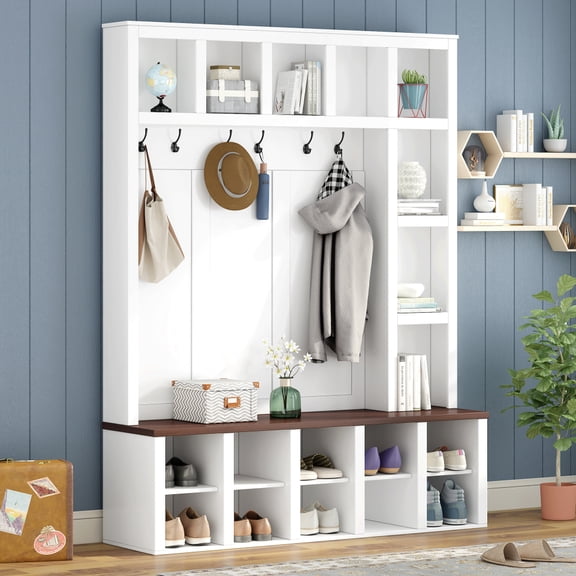 Sfirey 76.7" Farmhouse Hall Tree with 13 Shoe Cubbies & 6 Hooks, Walnut Storage Bench, Black /White