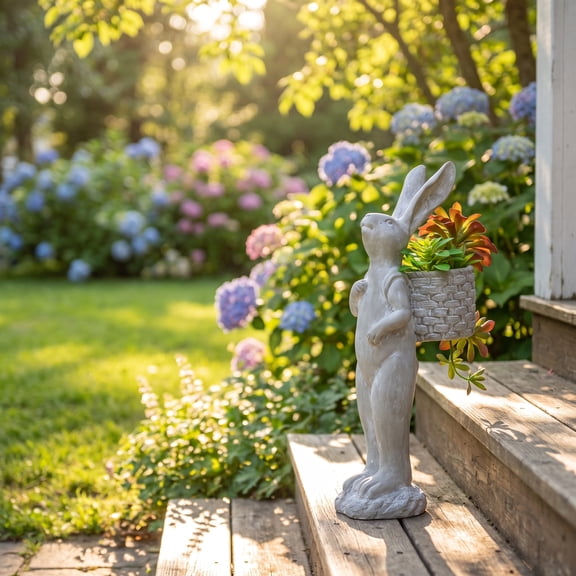 Sfirey 8.5x5.5x19.5" Tall Gray Cement Rabbit Basket Planter, Whimsical Animal Concrete Flower Pot Garden Statue