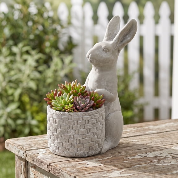 Sfirey 9x5.5x12.5" Gray Cement Rabbit Planter, Whimsical Bunny Concrete Flower Pot Decorative Garden Animal Statue