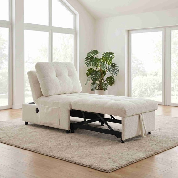 Sfirey Convertible Armless Single Sofa Bed, Soft Teddy Fabric Sleeper Chair with USB Port