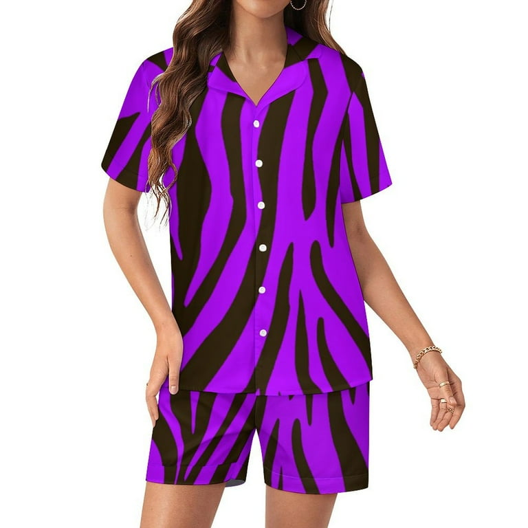Sfneewho Purple Zebra Animal Print Silk Satin Pajama Sets for