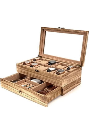 10 Slot Rustic Wooden Watch Box Organizer for Men with Removable Pillows