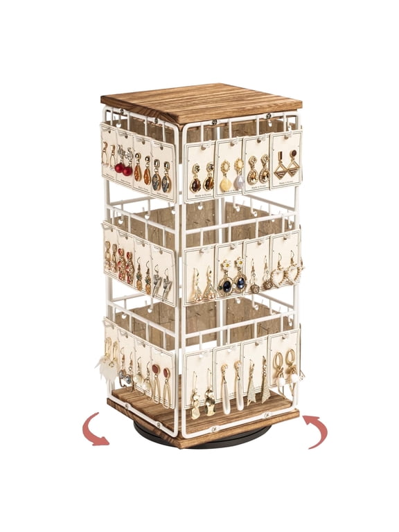 360 Rotating Earring Display Stands for Selling, Earring Rack Display Holder Stand,Jewelry Display for Vendors Selling Earring Cards,White+Brown