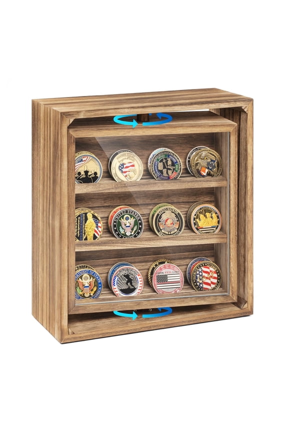 Challenge Coin Display Wooden Double-Sided Rotatable Case Organizer Box Holds 33 Coins, Rustic Brown