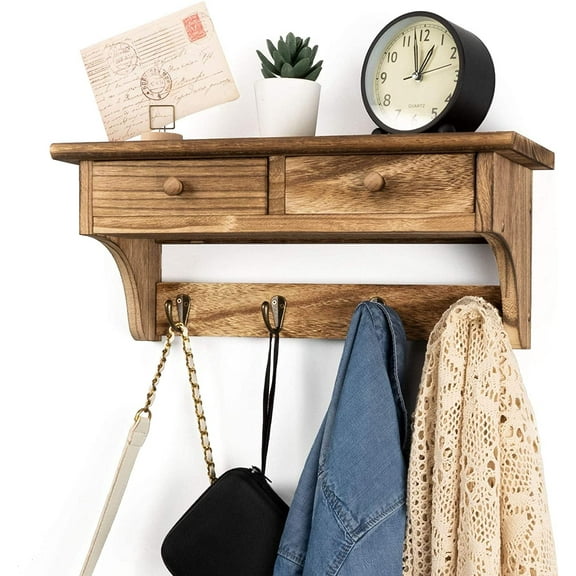 Sfugno Coat Hooks Wall Mounted, Rustic Wood Coat Rack Wall Mount Shelf with Hooks, Farmhouse Wall Coat Rack with Shelf & Coat Hook