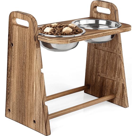 Sfugno Dog Bowls Elevated 3 Heights 4in 8in 13in Rustic Wood Elevated Dog Cat Dishes with Double Dog Food Bowls Stand Raised Pet Feeder
