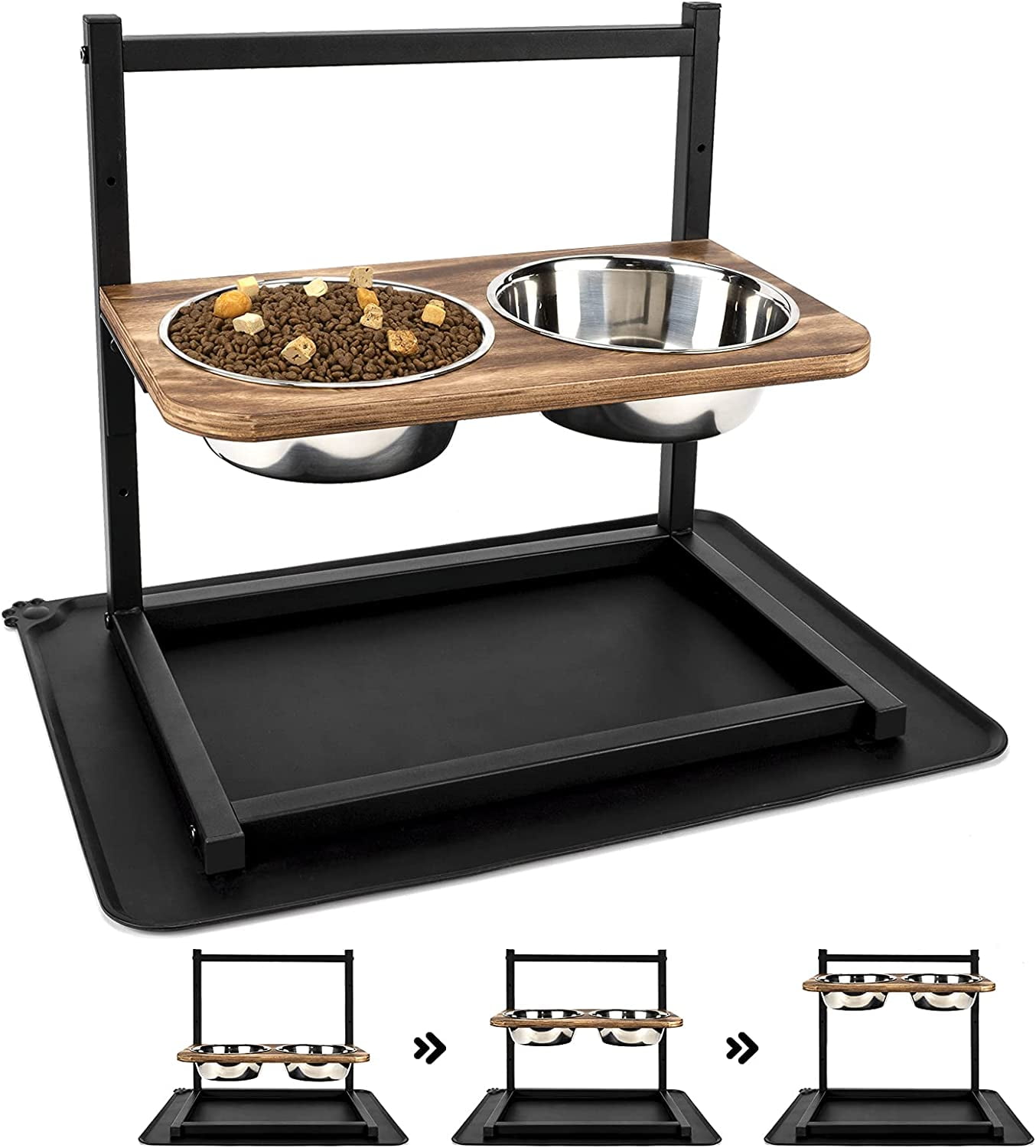 Siooko Elevated Dog Bowls for Large Dogs, Wood Raised Dog Bowl Stand with 2  Stainless Steel