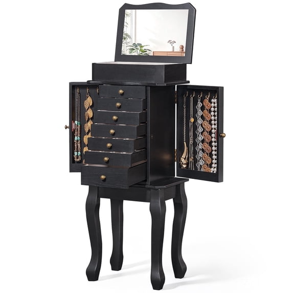Sfugno Jewelry Armoire,Standing Jewelry Cabinet with 7 Drawers,2 Side Doors and Top Flip Makeup Mirror,Black