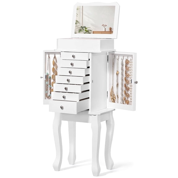 Sfugno Jewelry Armoire,Standing Jewelry Cabinet with 7 Drawers,2 Side Doors and Top Flip Makeup Mirror,White
