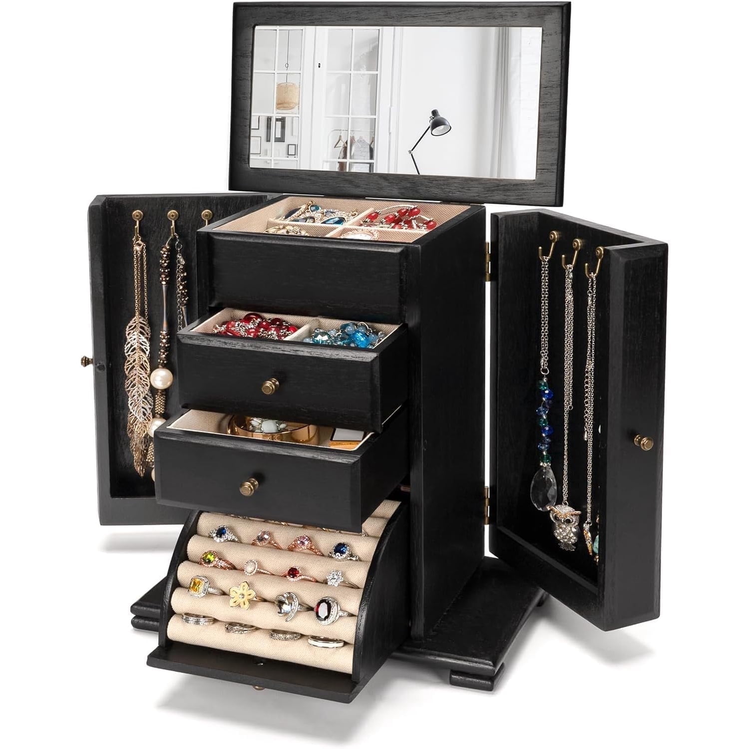 Sfugno Jewelry Box, 4 Layer Wooden Jewelry Boxes for Women, Jewelry Organizer Box Display for Rings Earrings Necklaces Bracelets,Black