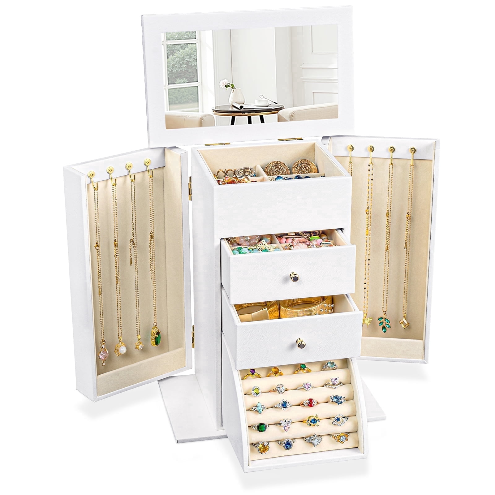 Sfugno Jewelry Box, 4 Layer Leather Jewelry Boxes for Women, Jewelry Organizer Box Display for Rings Earrings Necklaces Bracelets,White