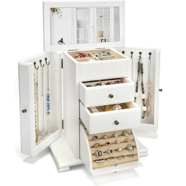 Sfugno Jewelry Box, Jewelry Box for Women, Rustic Wooden Jewelry Boxes & Organizers with Mirror, 4 Layer Jewelry Organizer Box Display for Rings Earrings Necklaces Bracelets,White