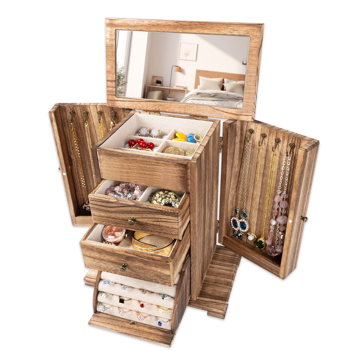 Sfugno Jewelry Box, Jewelry Box for Women, Rustic Wooden Jewelry Boxes & Organizers with Mirror, 4 Layer Jewelry Organizer Box Display for Rings Earrings Necklaces Bracelets,Rustic Brown