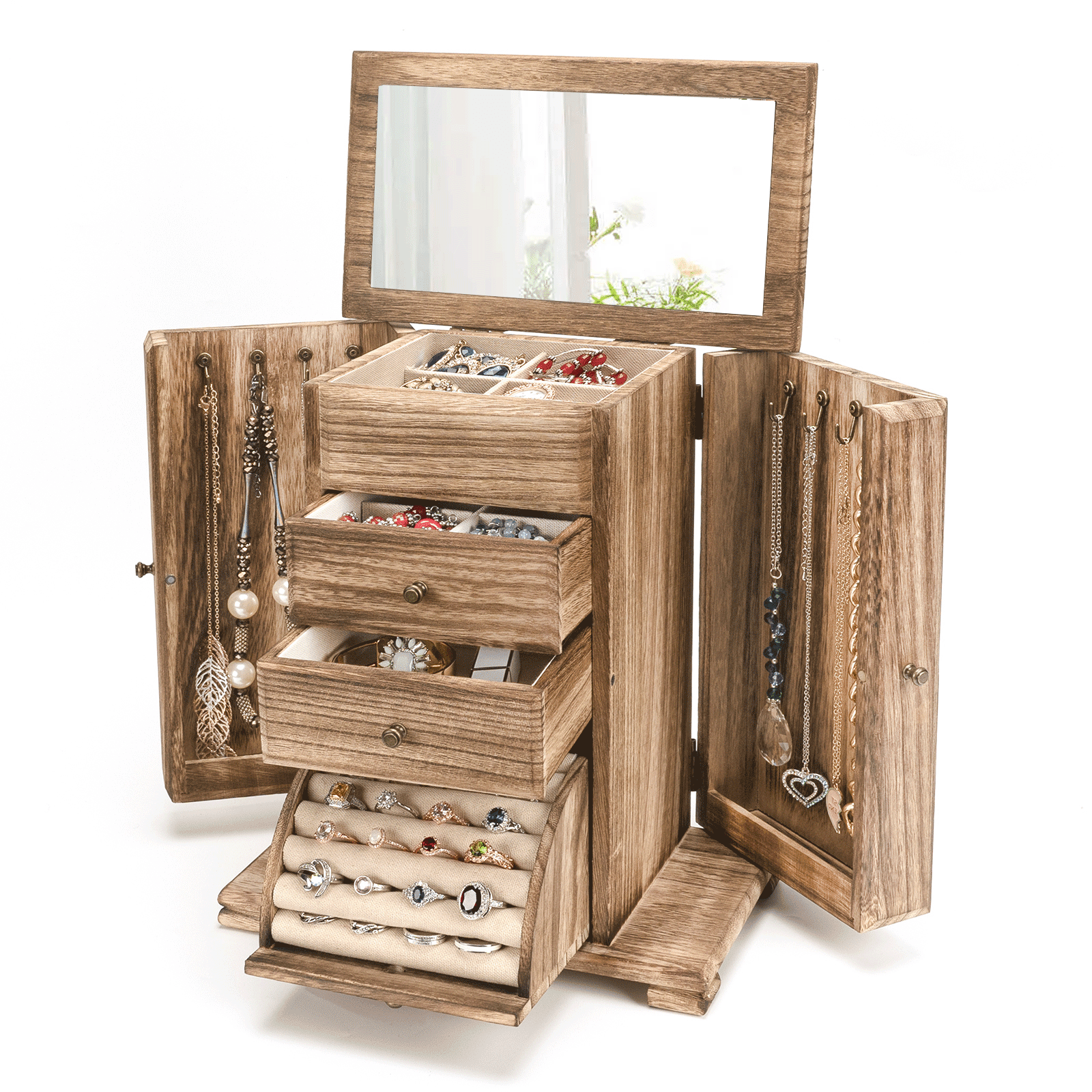 Sfugno Jewelry Box for Women, Rustic Wooden Jewelry Boxes & Organizers with  Mirror, 4 Layer Jewelry Organizer Box Display for Rings Earrings Necklaces