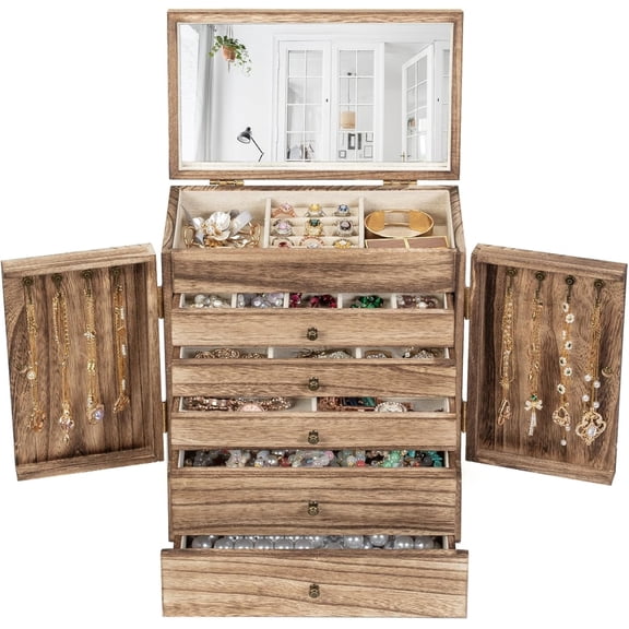 Sfugno Jewelry Box, 6-Tier Large Wooden Jewelry Organizer Boxes for Women, Wood jewlery Storage Display for Rings Earrings Necklaces,Brown