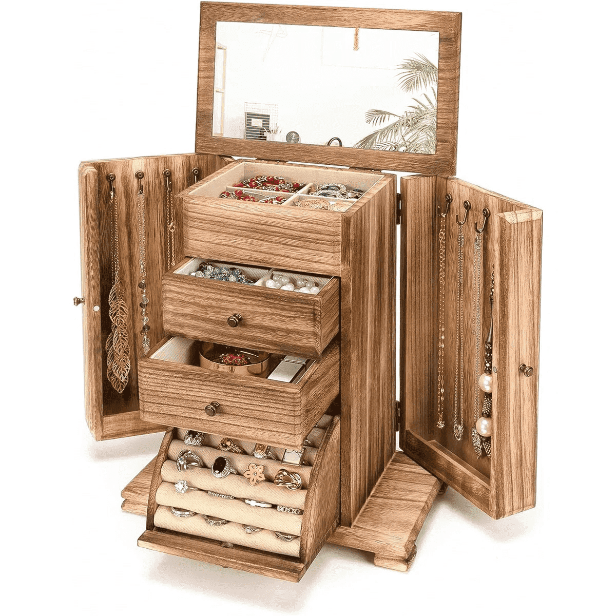 Sfugno Jewelry Box, 4 Layer Wooden Jewelry Boxes for Women, Jewelry Organizer Box Display for Rings Earrings Necklaces Bracelets,Carbonized Black
