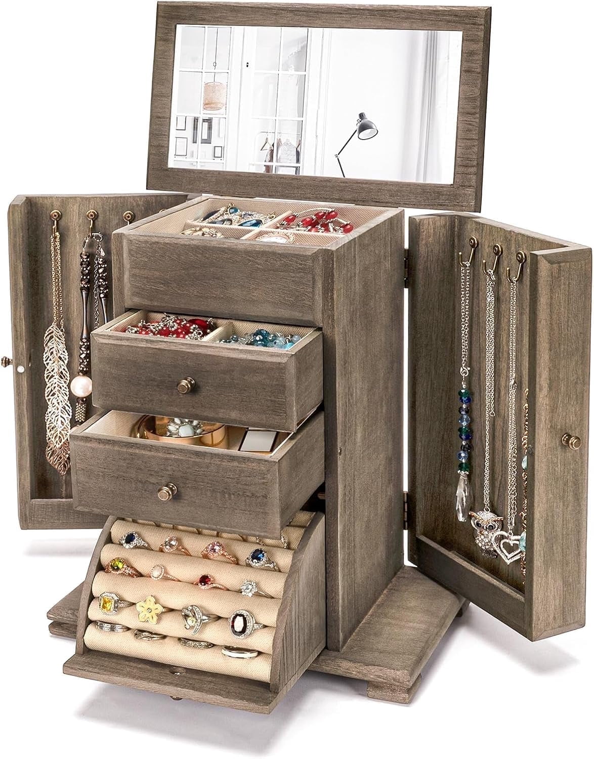 Sfugno Jewelry Box, 4 Layer Wooden Jewelry Boxes for Women, Jewelry Organizer Box Display for Rings Earrings Necklaces Bracelets,Weathered Gray