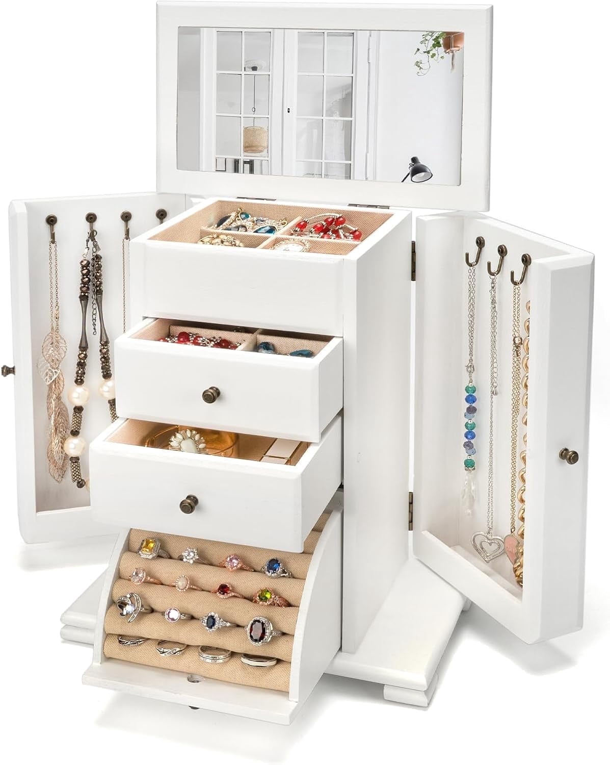 Sfugno Jewelry Box, 4 Layer Wooden Jewelry Boxes for Women, Jewelry Organizer Box Display for Rings Earrings Necklaces Bracelets,Weathered White