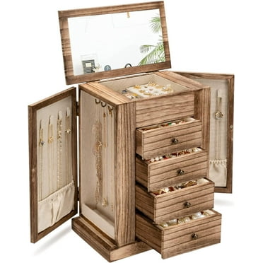 Sfugno Jewelry Box for Women, 5 Layer Large Wooden Jewelry Organizer Box with 4 Drawers and Mirror