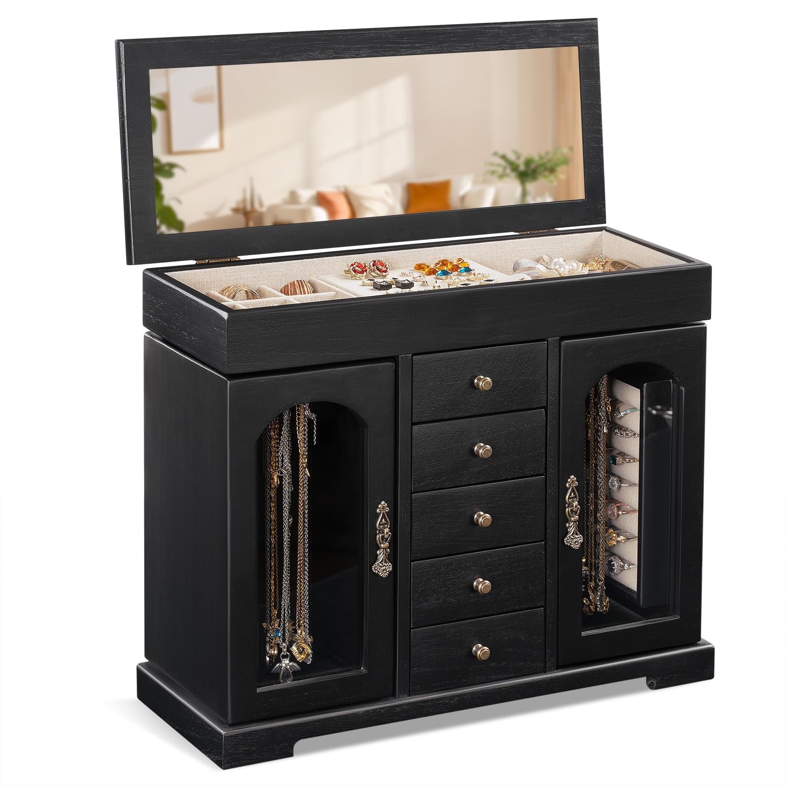 Sfugno Jewelry Box for Women Girls, Wooden Jewelry Organizer Box with Mirror, 5 Layer Jewelry Storage Case,Black