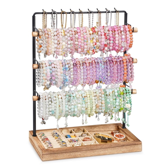 Sfugno 5 Tier Jewelry Organizer Stand with 18 Hooks, 3 Rods & Wood Tray, Jewelry Display Holder Organizer for Bracelets Necklaces Rings Watches Earrings,Rustic Brown