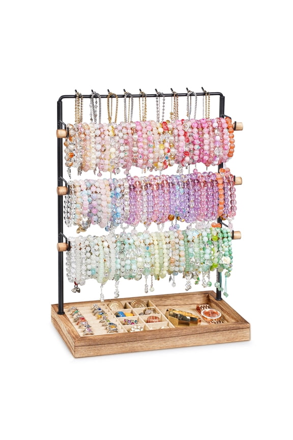 5 Tier Jewelry Organizer Stand with 18 Hooks, 3 Rods & Wood Tray, Jewelry Display Holder Organizer for Bracelets Necklaces Rings Watches Earrings,Rustic Brown