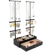 Jewelry Organizer Stand Wood Basic Jewelry Drawer Storage Box with Double Rods & 6 Tier Jewelry Tree Stand Holder for Necklaces Bracelet Earring Ring
