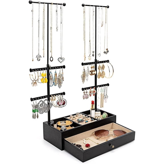 Sfugno Jewelry Organizer Stand Wood Basic Jewelry Drawer Storage Box with Double Rods & 6 Tier Jewelry Tree Stand Holder for Necklaces Bracelet Earring Ring