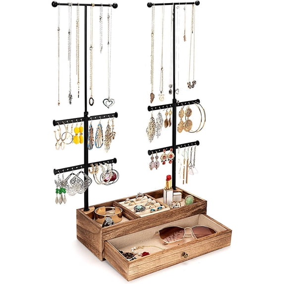 Sfugno Jewelry Organizer Stand, Wood Jewelry Drawer Storage Box with Double Rods and 6 Tier Jewelry Tree Stand Holder for Necklaces Bracelet Earring Ring Display,Carbonized Black