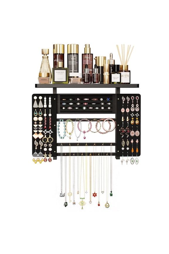 Jewelry Organizer, Wood Wall Mounted Jewelry Holder and Jewelry Storage for Necklaces Bracelets Earrings Rings Display,Black