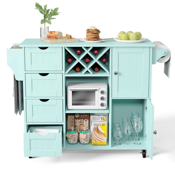 Sfugno Large Kitchen Island on Wheels, Mobile Kitchen Island Cart with 4 Drawers, Wine Bar Rack, Spice Rack and Storage Cabinets for Kitchen Dining Room,Light Blue