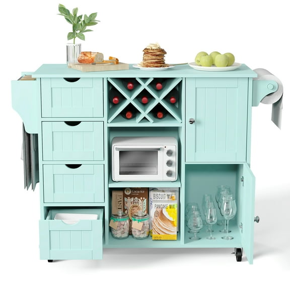 Sfugno Large Kitchen Island on Wheels, Mobile Kitchen Island Cart with 4 Drawers, Wine Bar Rack, Spice Rack and Storage Cabinets for Kitchen Dining Room,Light Blue