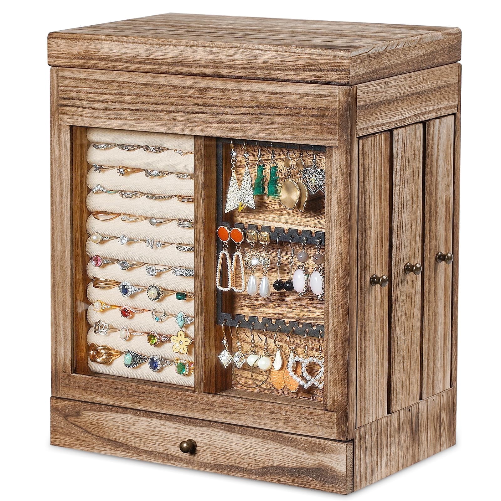 Sfugno Large Wood Jewelry Box for Women with Glass Window and 3 Side Drawers
