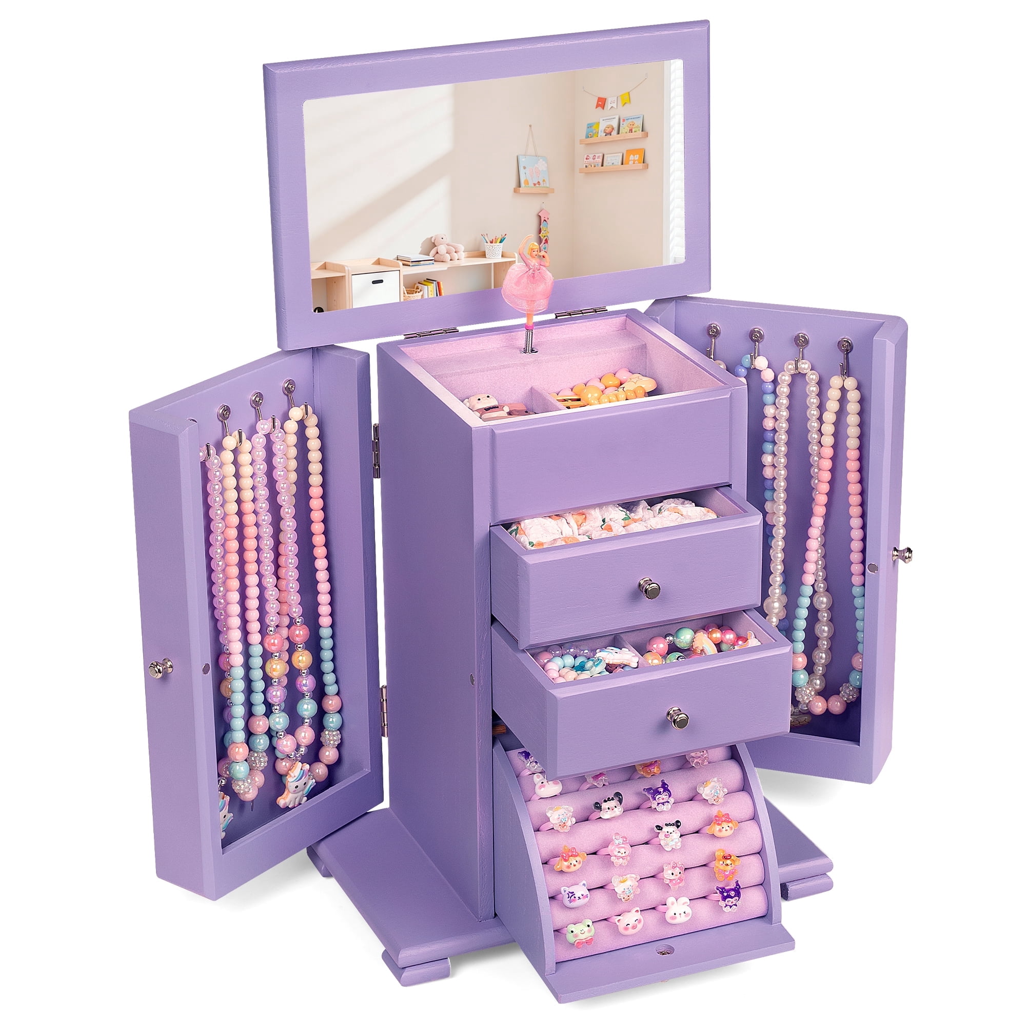 Sfugno Music Jewelry Box for Girls, Wooden Jewelry Boxes & Organizers with Mirror, 4 Layer Jewelry Organizer Box Display for Rings Necklaces Bracelets,Purple