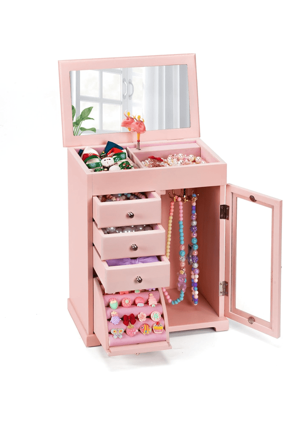 Musical Jewelry Box for Girls, 5 Layer Kids Jewelry Box with Spinning Dancer Gifts for Rings Earrings Necklaces Bracelets,Pink