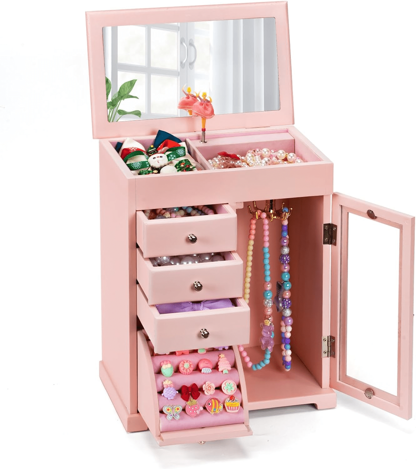 Sfugno Musical Jewelry Box for Girls, 5 Layer Kids Jewelry Box with Spinning Dancer Gifts for Rings Earrings Necklaces Bracelets,Pink