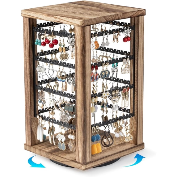 Sfugno Rotating Earring Stand,4 Tiers Earring Holder Organizer Stand with 192 Earring Tree Holes Rustic Wood Display for Stud Earrings, Hoop Earrings