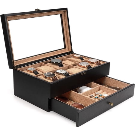 Sfugno Watch Box ,10 Slot Watch Case for Men Women, Wooden Watch Holder Organizer,Gift For Boyfriend Fathers Day Birthday Gifts,Black