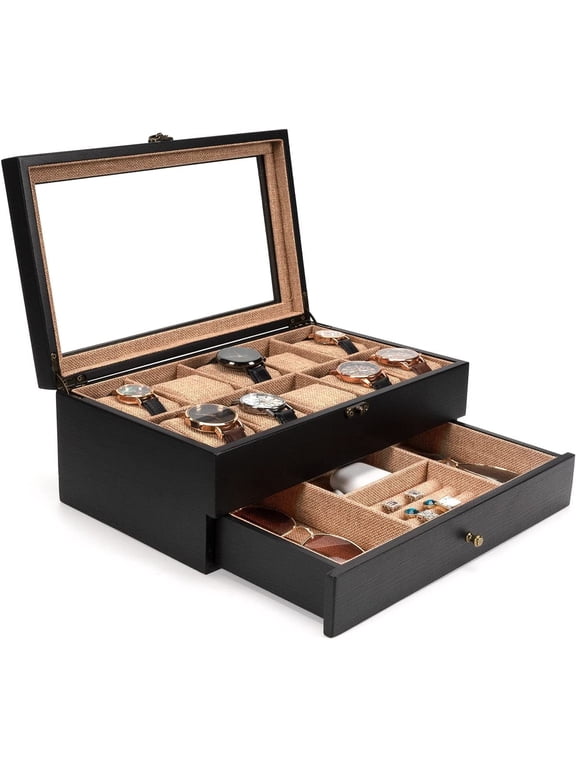 Watch Box ,10 Slot Watch Case for Men Women, Wooden Watch Holder Organizer,Gift For Boyfriend Fathers Day Birthday Gifts,Black