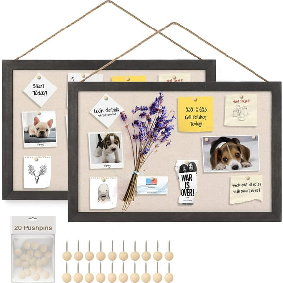Sfugno Wood Bulletin Boards, 2-Pack Linen Wall Bulletin Board, Decorative Hanging Pin Board, 16"x11"Frame Cork Board Light Bulletin Boards for Home Kitchen Office,Black