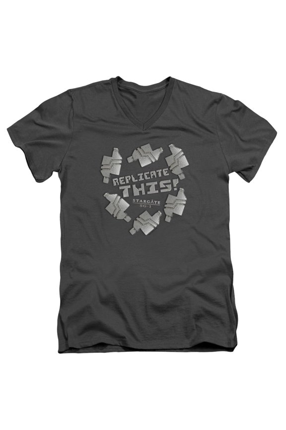 Sg1 Replicate This Adult V-Neck T-Shirt Charcoal