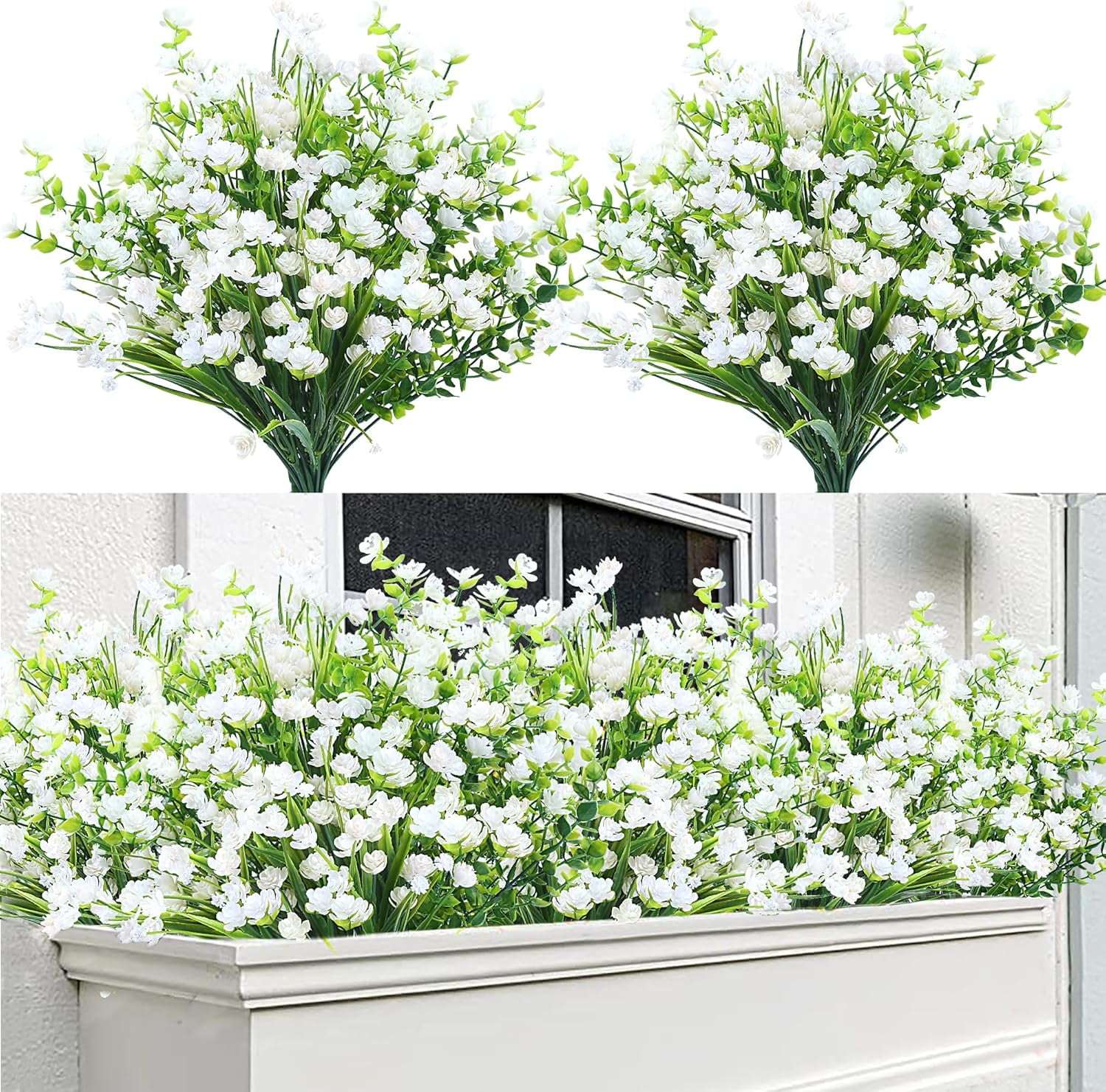 Artificial Flowers for Outdoors 24 Bundles UV Resistant Boxwood Shrubs Artificial Eucalyptus Fake Plants Faux Plastic Greenery for Farmhouse Garden Home Indoor Outdoor Decoration（White）