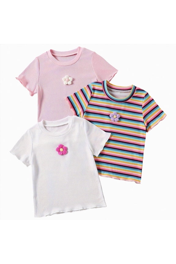 3 Pack Girls Shirts Summer Crewneck Tshirts for Daily Casual Outings Soft Cotton Rounded Hem Comfortable Wear Pink 7-8 Years