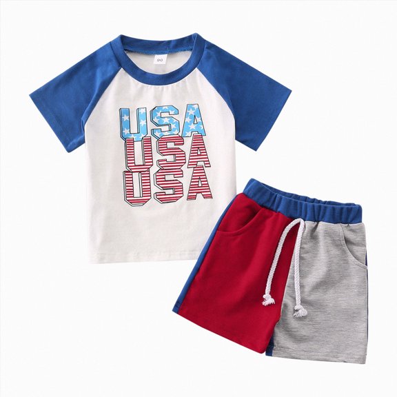 Sgkm 4th of July Outfit for Boy Patchwork Letter Prints Newborn Boy Outfits Toddler Independence Day Clothes